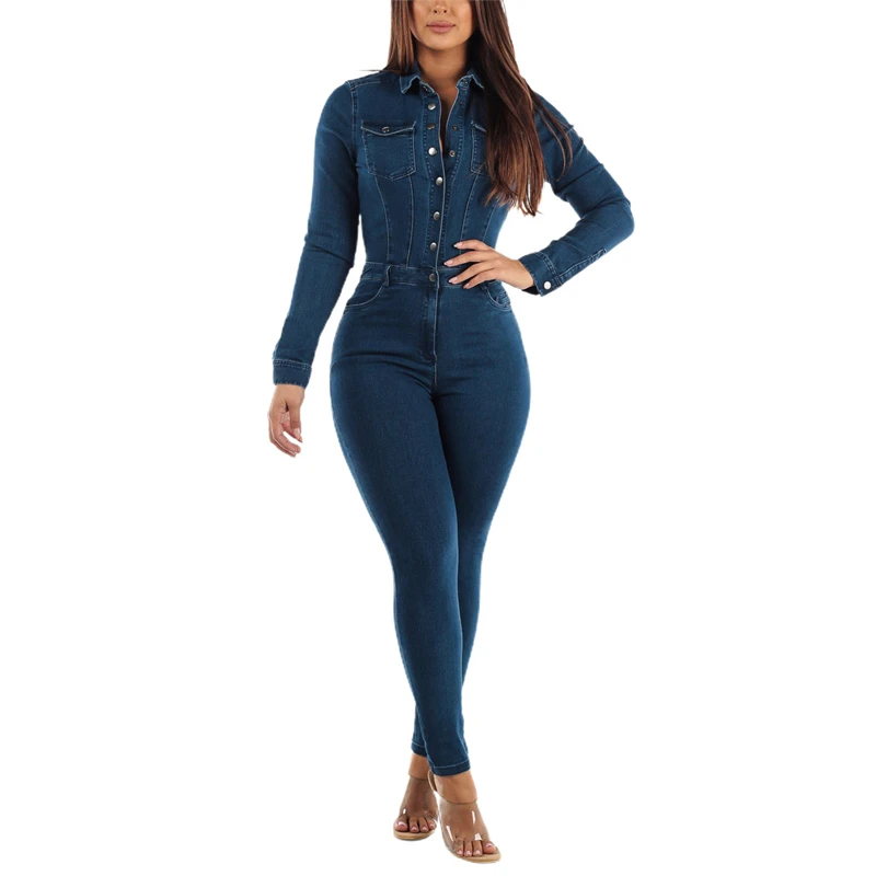 Jeans Stretch Overalls Sexy Women Turn Down Collar Elegant Blue Denim  Casual Jumpsuit Rompers - AliExpress