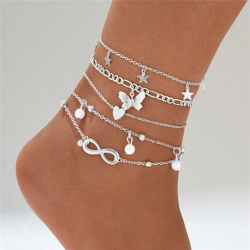 Ankle Chains Bohemia Gold Color Pearl Ankle Bracelet Set For Women Butterfly Heart Star Charm Anklet Chain On Leg Boho Jewelry