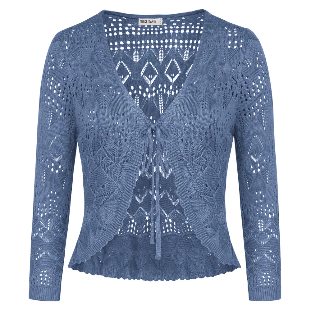 

GK 2024 Women Cardigan Hollowed Out 3/4 Sleeve V-Neck Causal Tie-Front Sweater Knitwear Spring Autumn Thin Breathable Jacket