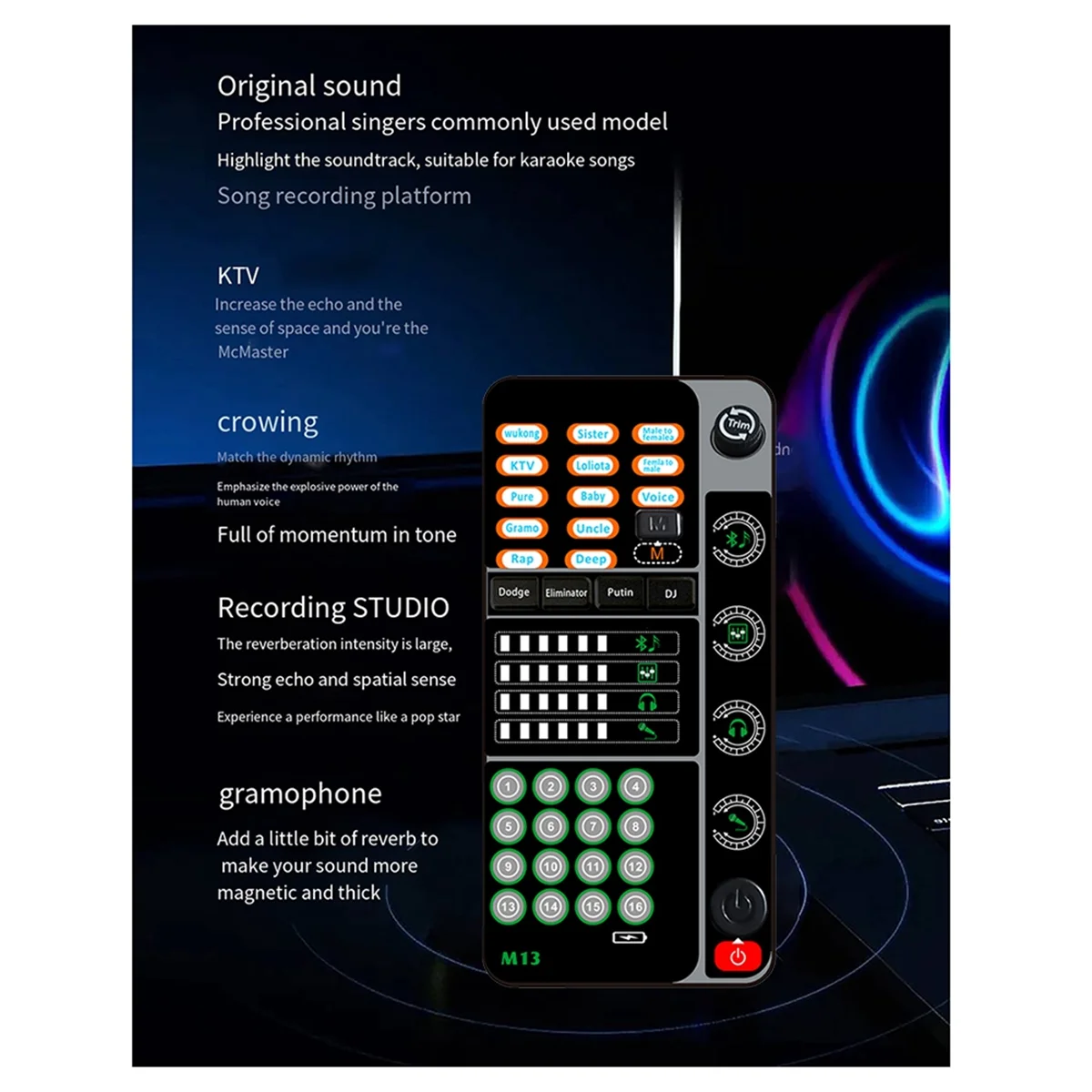 Hot sale New M13 Voice Changer,Live Voice Card Changer, Handheld Microphone Changer with BT 3.5mm Port DJ Controller
