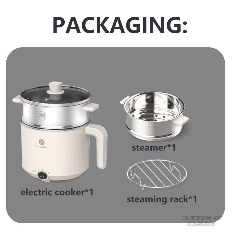 Liven Electric Multi Cooker 1.8L with 304 Stainless Steel Steamer Multifunctional Cooking Rice Porridge Noodle Mini Hot Pot 600W