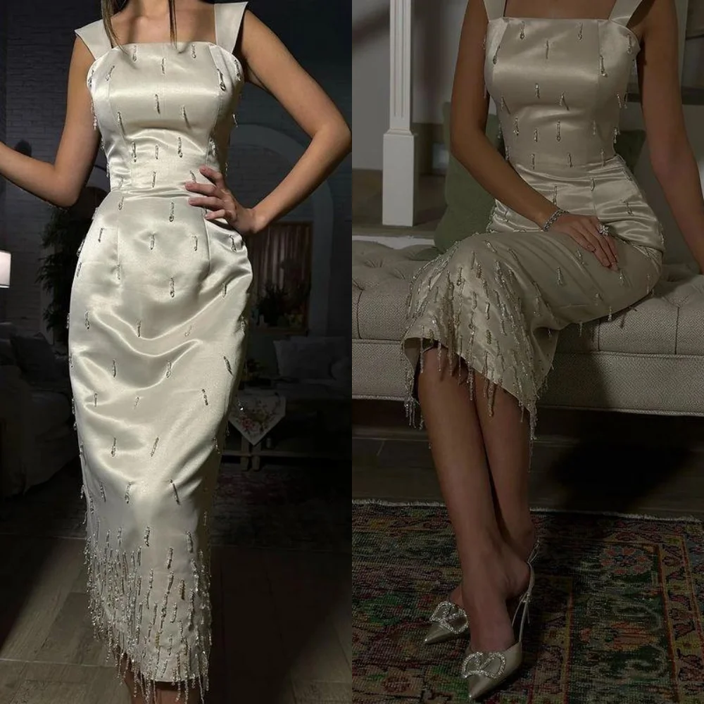 Evening Saudi Arabia Satin Beading Tassel Party A-line Spaghetti Strap Bespoke Occasion Gown Midi Dresses