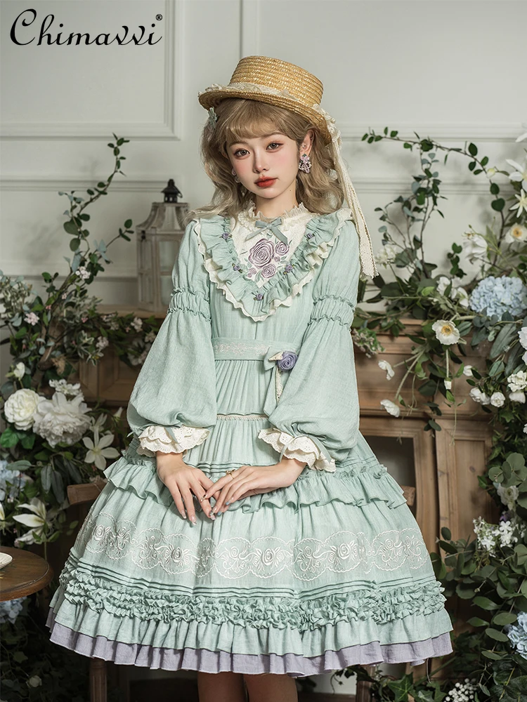 

Lolita Style Doll Collar High Waist Puff Sleeve Women Dress Spring Antumn Vintage Style Bow Ruffled Lace A- Line Long Dress