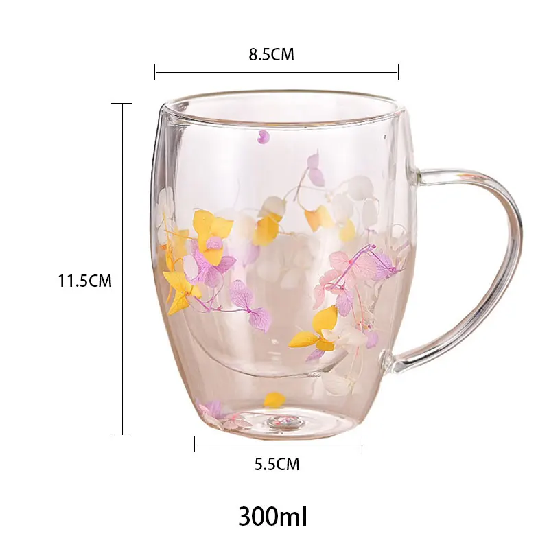New Creative Double Wall Glass Mug Cup with Dry Flower Funny