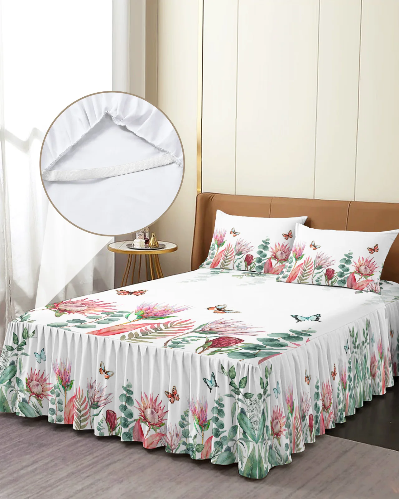 

Idyllic Tropical Plants Flowers Butterflies Bed Skirt Fitted Bedspread With Pillowcases Mattress Cover Bedding Set Bed Sheet