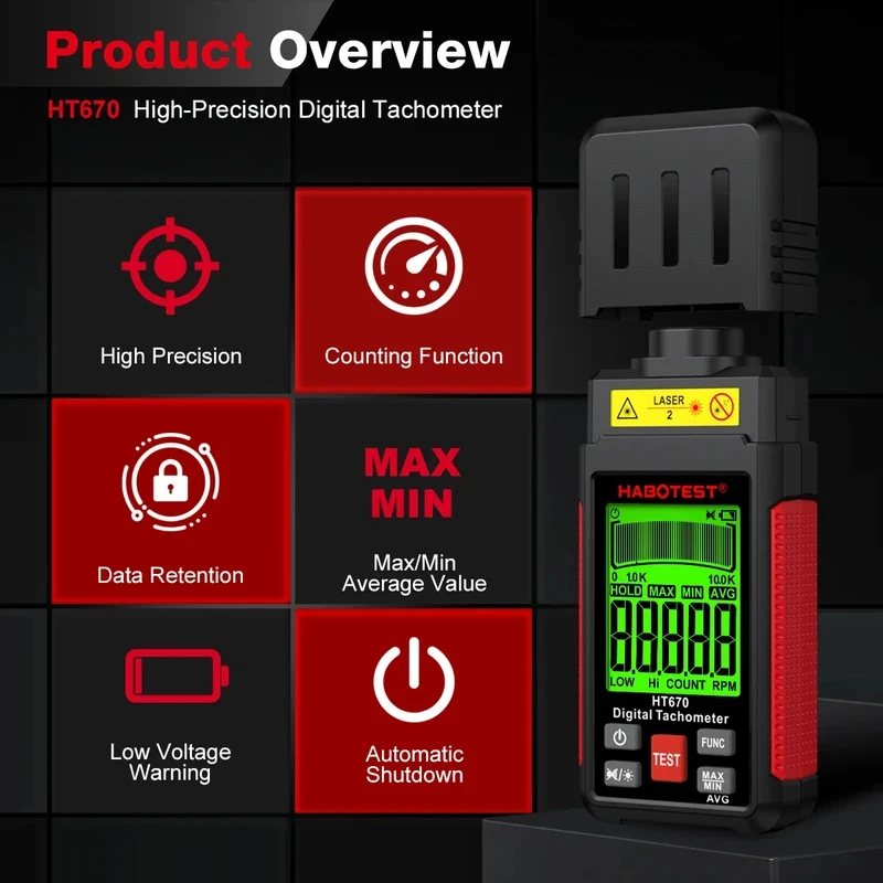 HABOTEST HT670 디지털 레이저 타코미터 비접촉식 RPM 측정기 2.5-99999RPM 모터 엔진 속도 측정용 LCD 백라이트 포함
