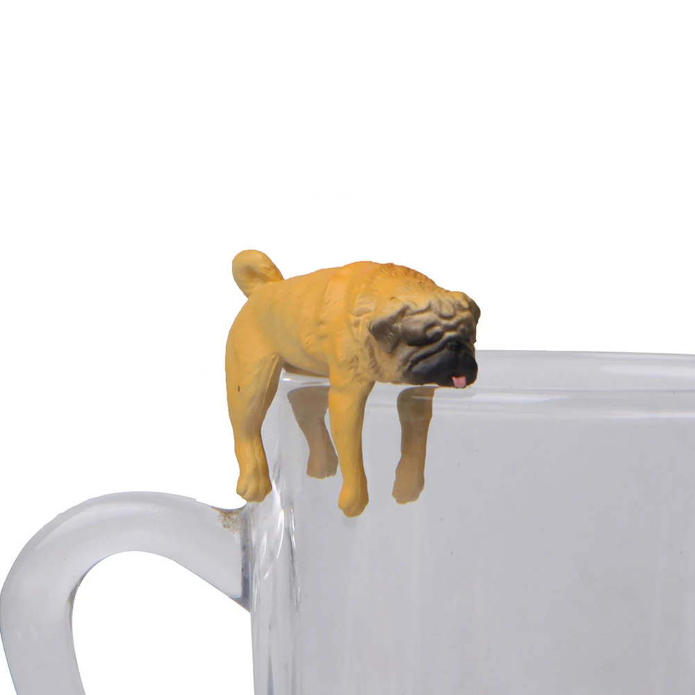 New Cute Pets Dog on the Edge of cup PVC Model Figures Pug Dog Figurine Christmas Gift Kids Toy DIY Fairy Garden Accessory