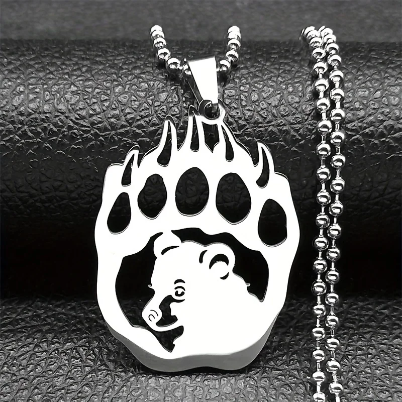 Niedliche Tierpfoten-Bärenkopf-Anhänger-Halskette für Damen und Herren, silberfarbene Edelstahlkette, Halsketten, Schmuck, Collares NZZZ533S1