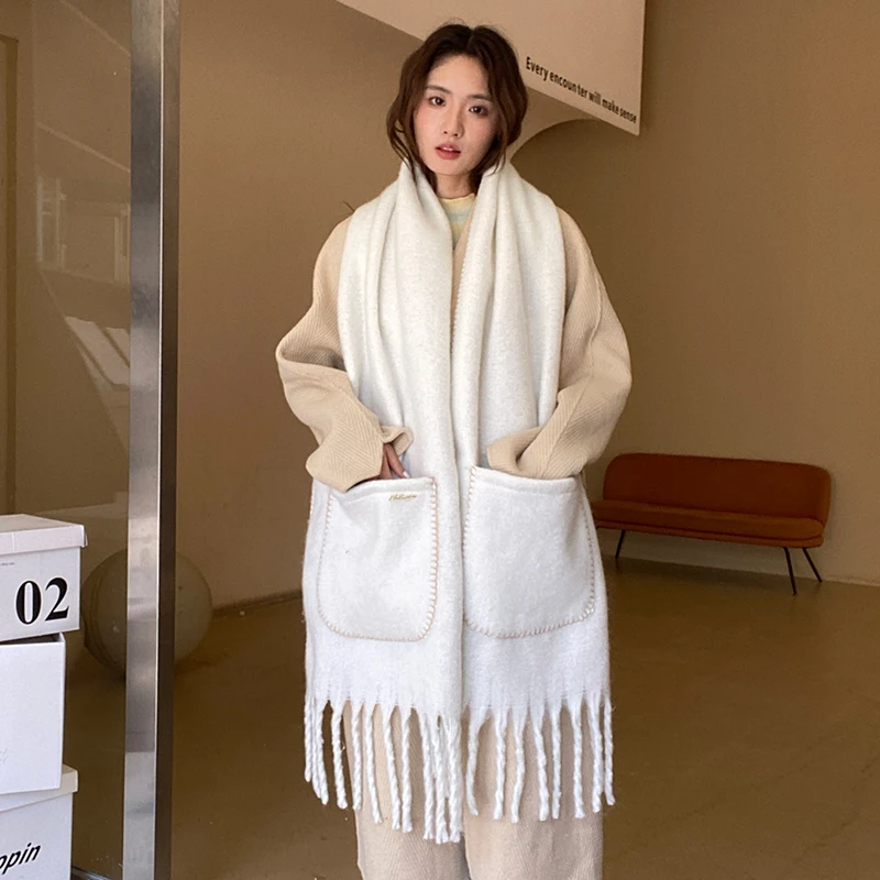 Luxury Cashmere Solid Colors Women Pocket Scarf Winter Shawl and Wrap Bandana Pashmina Tassel Female Foulard Thick Blanket 2024 2