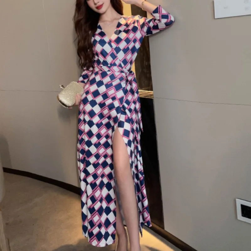 

Женское платье средней длины, элегантное приталенное платье с V-образным вырезом и принтом в клетку, универсальное платье с поясом и длинными рукавами, лето