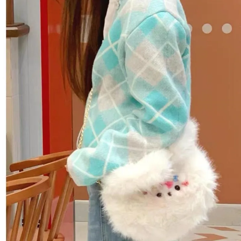 JIAERDI Harajuku Aesthetic White Hand Bag Wallet Women Plush Chic Handle Casual Crossbody Bags Female Sweet Cute Y2k Handbag New