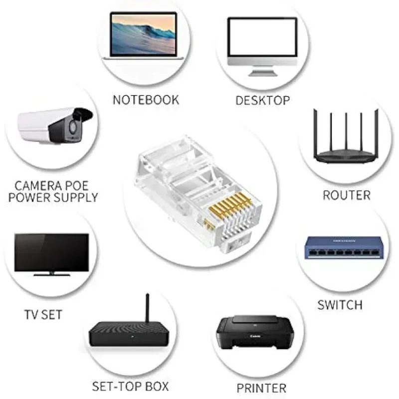 RJ45 Cat6 Cat6a 패스스루 커넥터 금도금 8P8C 모듈러 플러그 (23AWG 트위스트 페어 와이어 및 표준 케이블용) (100개)