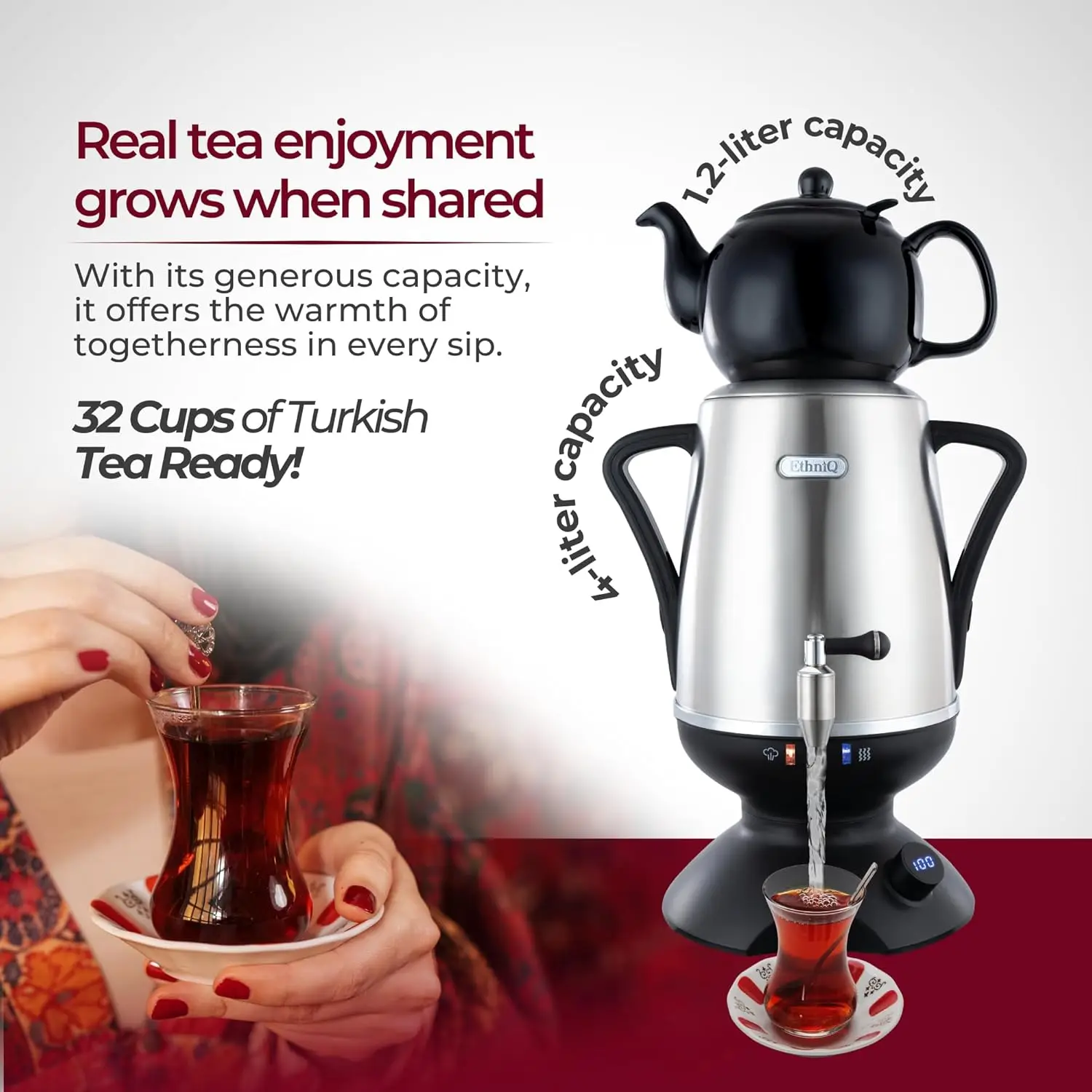 Ethniq Electric Samovar: 4-Liter Stainless Steel Tea Maker with Adjustable Temperature, Boil Dry Protection, and Automatic Shot-