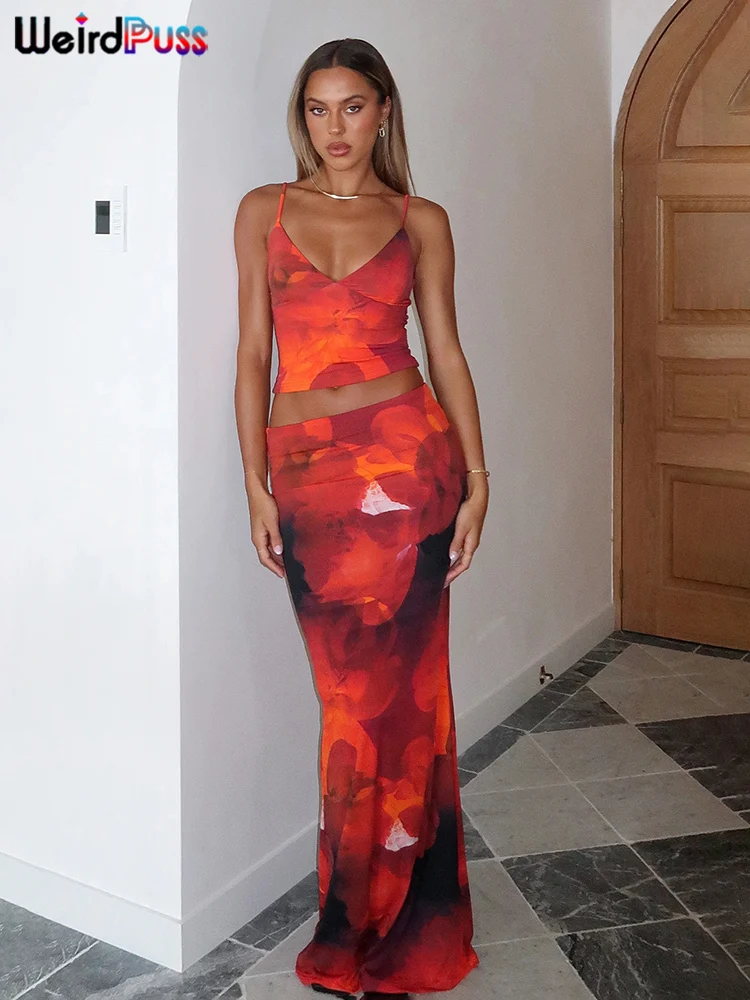 Weird Puss Tie-Dye Print 2 Piece Set Women Summer Y2K Fashion Hipster Elegant V-Neck Camisole+Maxi Skirts Matching Streetwear 2