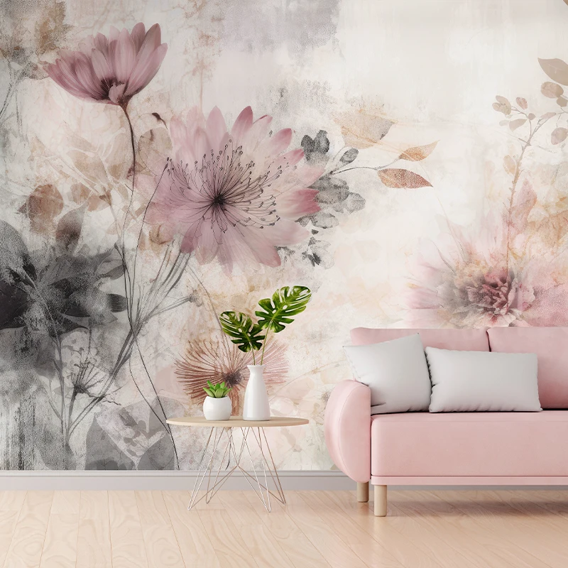 Watercolor Lotus Flower Large Mural Peel And Stick Canvas Fabric Floral Wallpaper Self-adhesive Pink TV Background Landscaping
