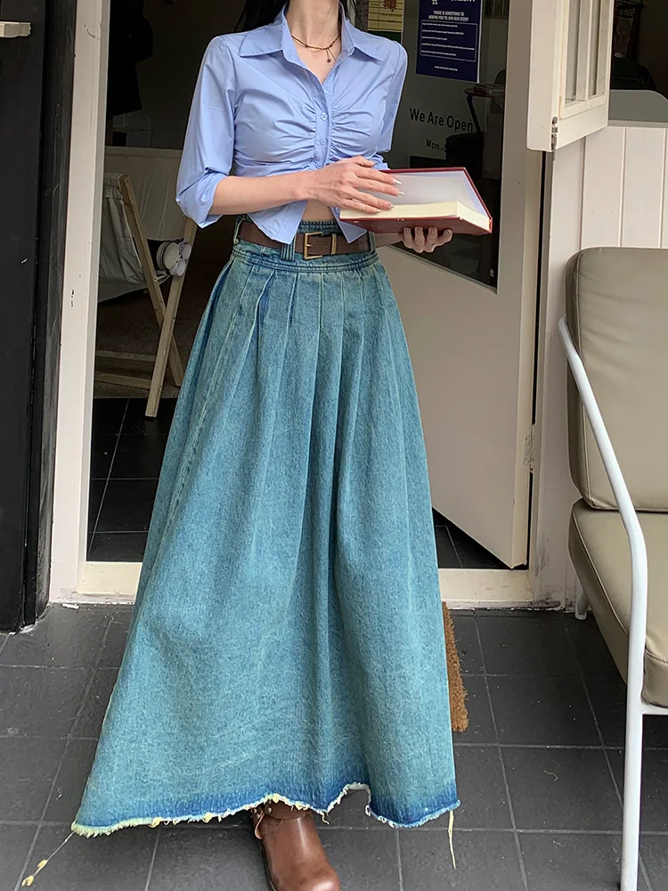 

Slergiri Y2k Retro Raw Hem Pleated Denim Long Skirts Women Fashion Streetwear High Waisted Swing A-Line Skirt Without Belt