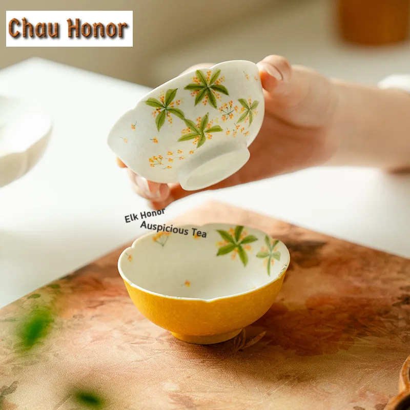 Hand-painted Osmanthus Flowers Travel Tea Set Kit Antique 1 Pot 2 Cups Household Tea Brewing Organizer Portable Outdoor Handbag