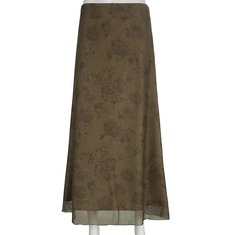Falda larga Y2K para mujer, ropa vintage, estampado floral, cintura alta, faldas de malla, faldas grunge de los años 2000, ropa de fiesta, ropa de calle