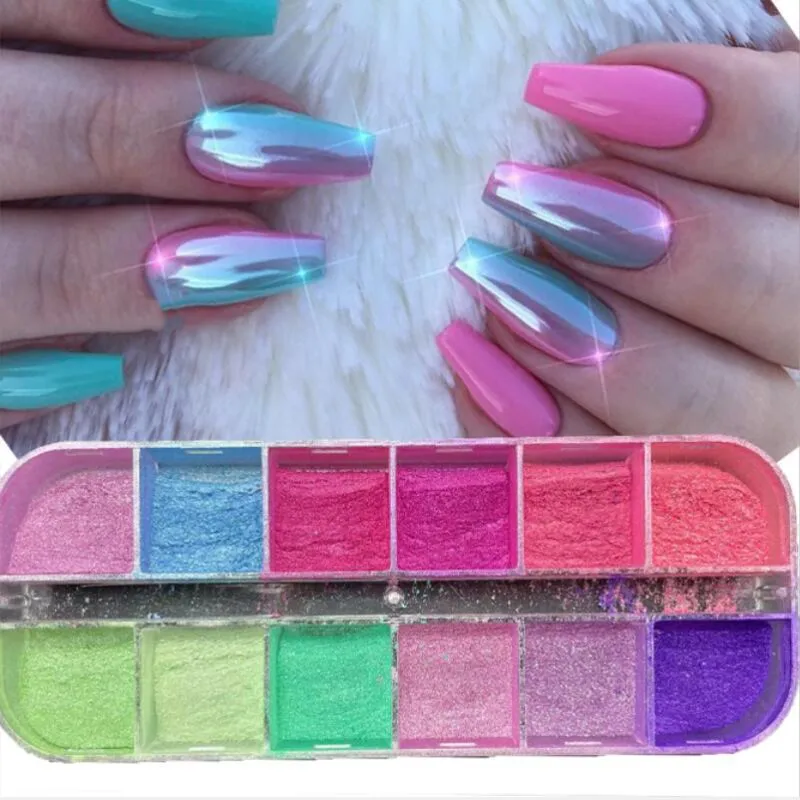 

12 Grids/Box Nail Glitter Colorful Mirror Effect Shimmer Mermaid Pearl Powder Chrome Pigment Dust Fine Glitter Polish Nail Decor