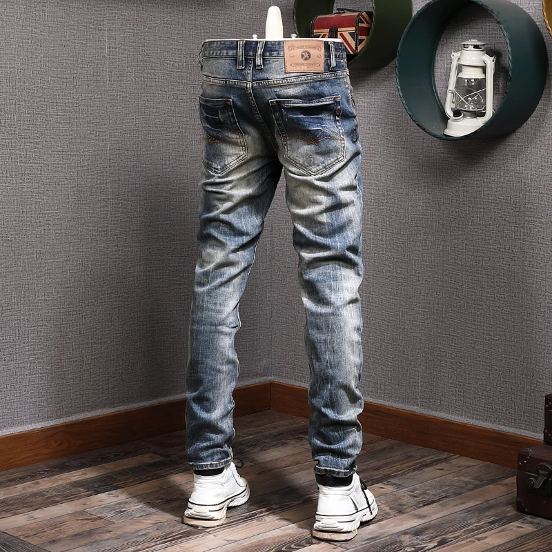 Newly Fashion Vintage Men Jeans High Quality Retro Blue Elastic Slim Ripped Jeans Men Long Trousers Designer Denim Pants Hombre