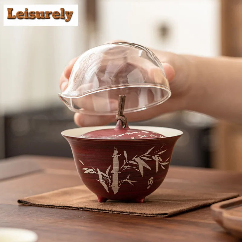 Power Yin Hawthorn Red Bamboo Travel Tea Set Kit Aesthetic 1 Pot 3 Cups Tea Maker Organizer Portable Outdoor Tote Bag Supplies