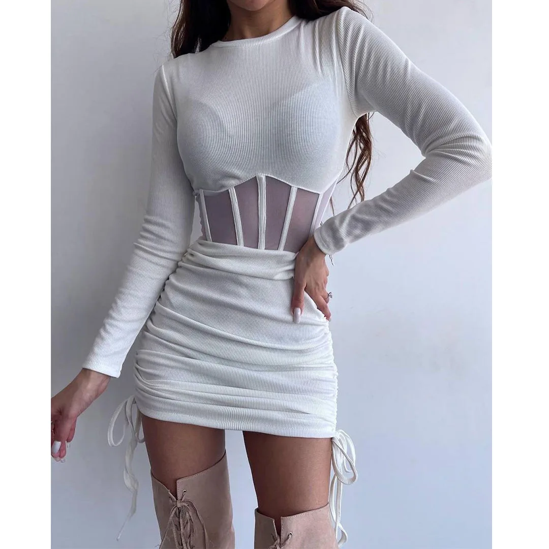 Shirring Mesh Hollow Out Bodycon Dress Women O Neck Long Sleeve Mini Vestidos Ribbed Hot Sexy Dresses Fashion High Street Wear 2