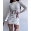 Shirring Mesh Hollow Out Bodycon Dress Women O Neck Long Sleeve Mini Vestidos Ribbed Hot Sexy Dresses Fashion High Street Wear 2