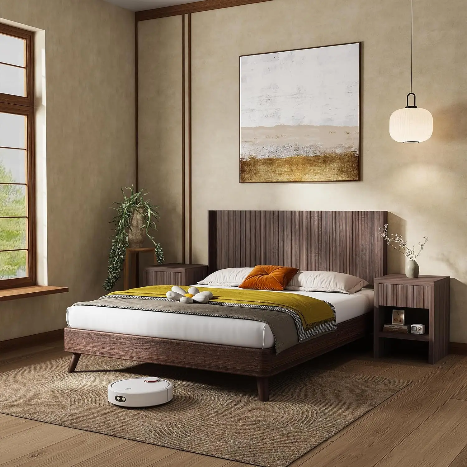 Wood Queen Headboard Only, Wooden Boho Farmhouse Fluted Headboard Queen Size, Wall Mounted Natural Walnut with Wingbacks