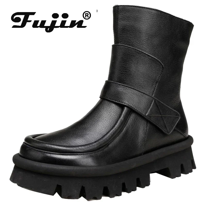 

Fujin 4.5cm Platform Wedge ZIP Luxury Flats Booties Autumn Women Chunky Shoes Genuine Leather Comfy Spring Loafer Ankle Boots