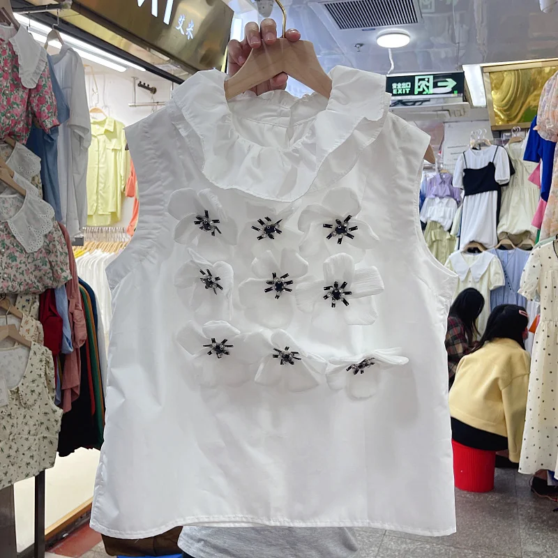 

SuperAen 2024 Summer New Korean Girl Sleeveless Tank Top 3D Flower Beaded Ruffle Collar Shirt White Shirt