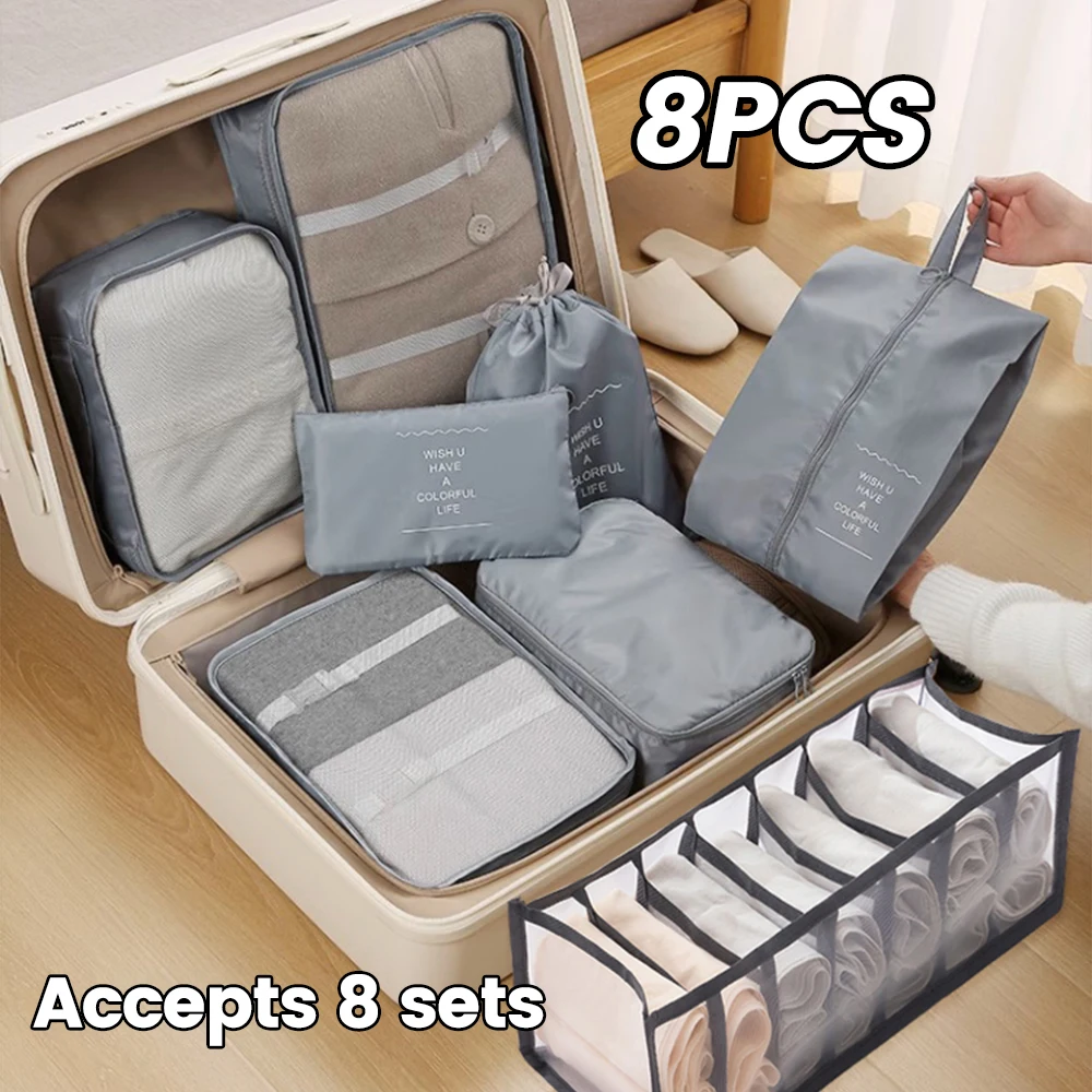 

New 8Pcs Set Travel Pouch+Underwear Storage Box Clothing Suitcase Bag Tidy Organizer Items Unisex Multifunction Home Essential