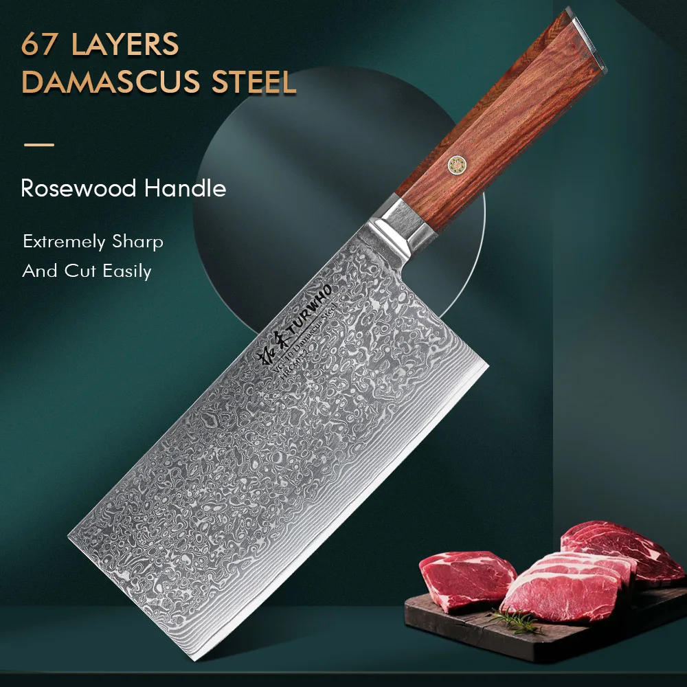 

TURWHO 7 Inch Cleaver Chef Knife 67 Layers Damascus Stainless Steel Razor Sharp VG10 Slicing Meat Butcher Knife Octagonal Handle