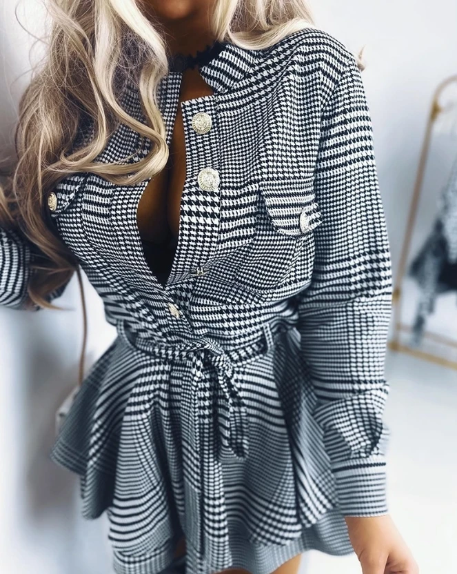 Jumpsuit Women 2023 Spring Fashion Houndstooth Print Pocket Button Design Casual Stand Collar Long Sleeve Tied Detail Romper