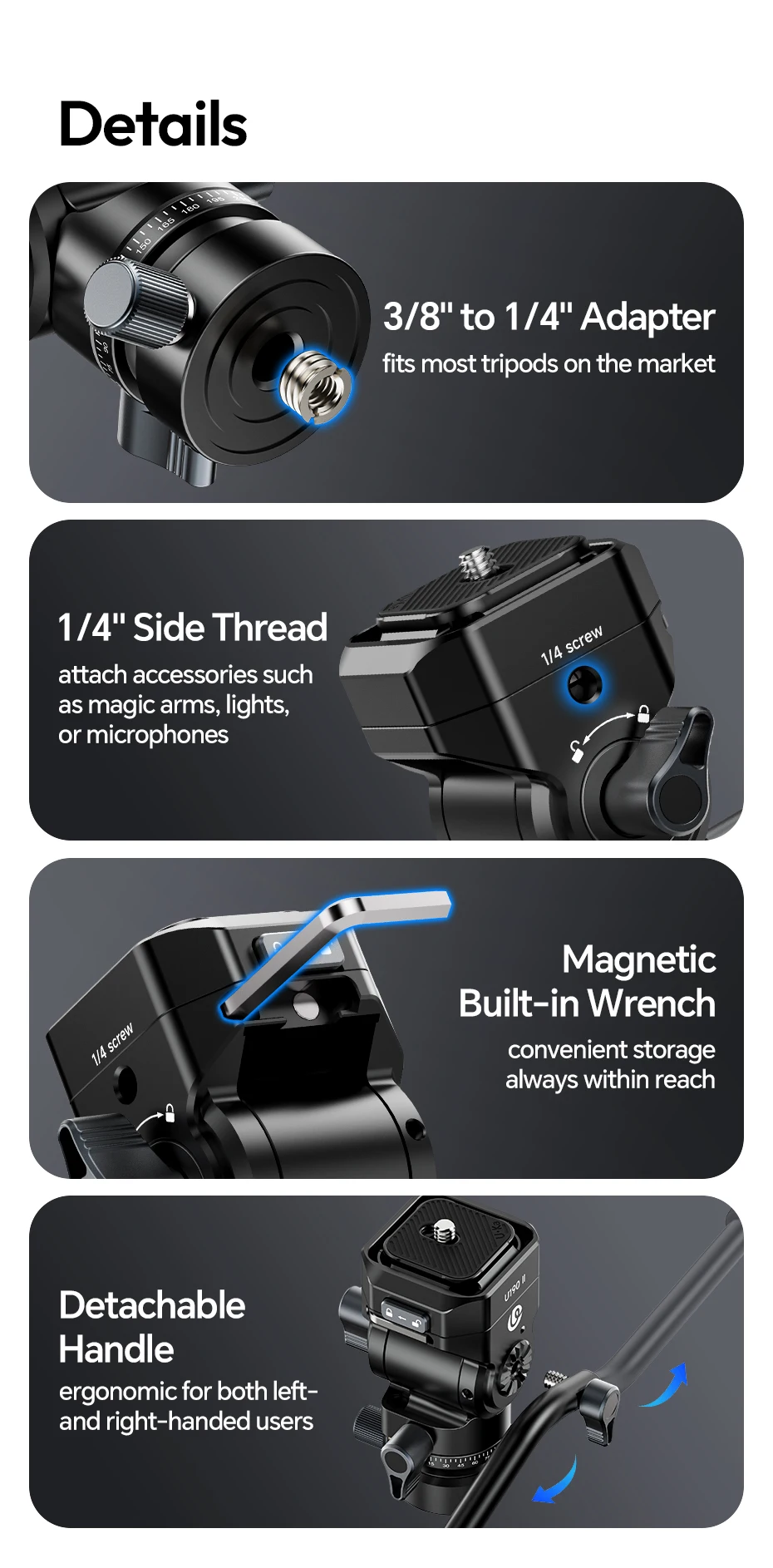 Fluid Tripod Head Quick Release Ball Head Max Load 4KG with 1/4'' 3/8'' Screw Ho