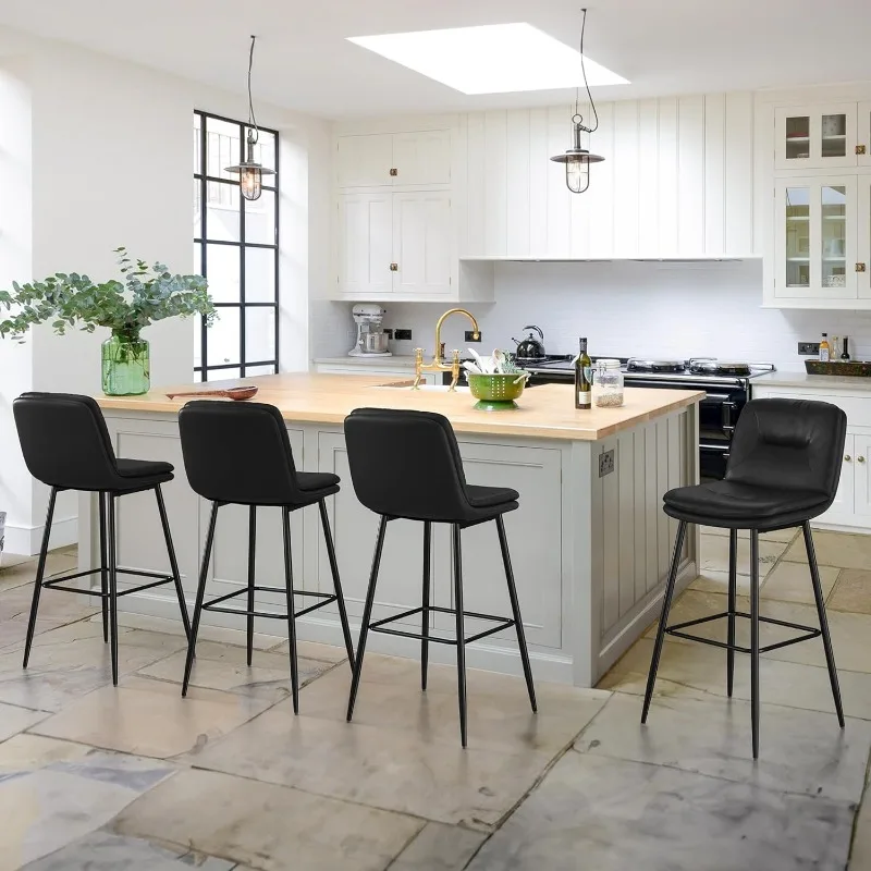 Upholstered Bar Stools Set of 4, Counter Height Bar Stools for Kitchen Island, Faux Leather Armless Barstool Chairs, 24 Inch