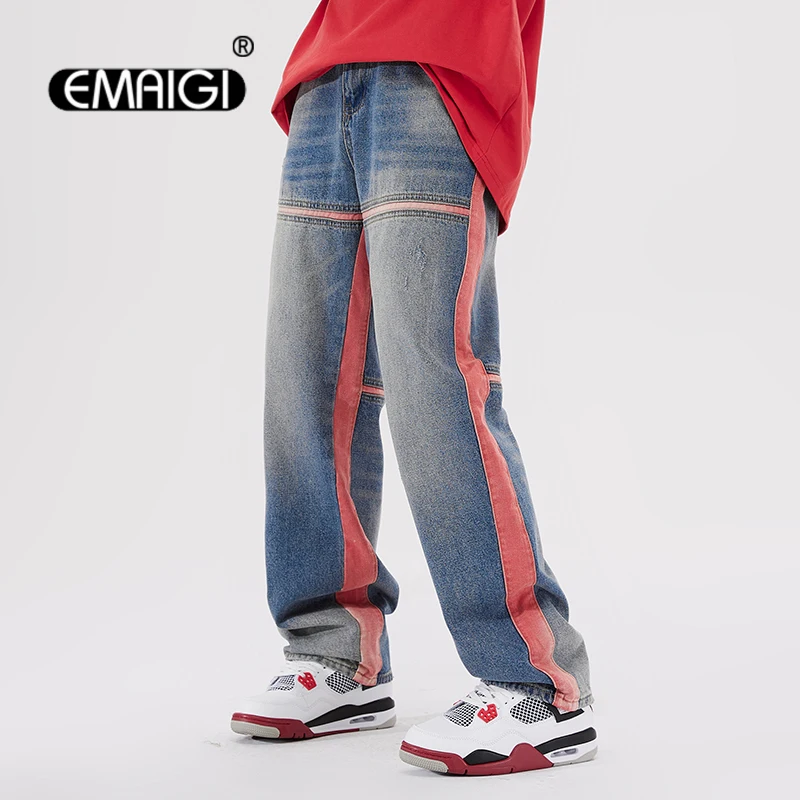 

Men's Splice Denim Streetwear Fashion Hip Hop Loose Casual Vintage Straight Jeans Pants Male Denim Baggy Jeans Trousers