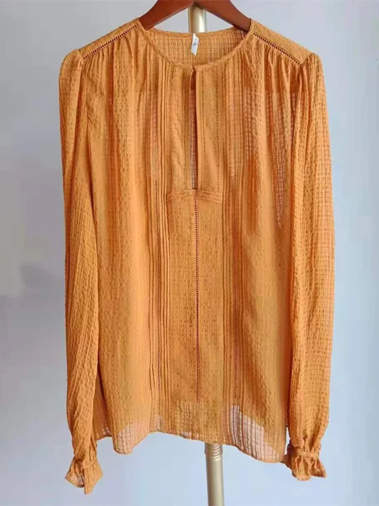 

Plaid Blouse for Women 2023 New Jacquard Hollow Out O-Neck Solid Color Loose Casual Long Sleeves Shirt