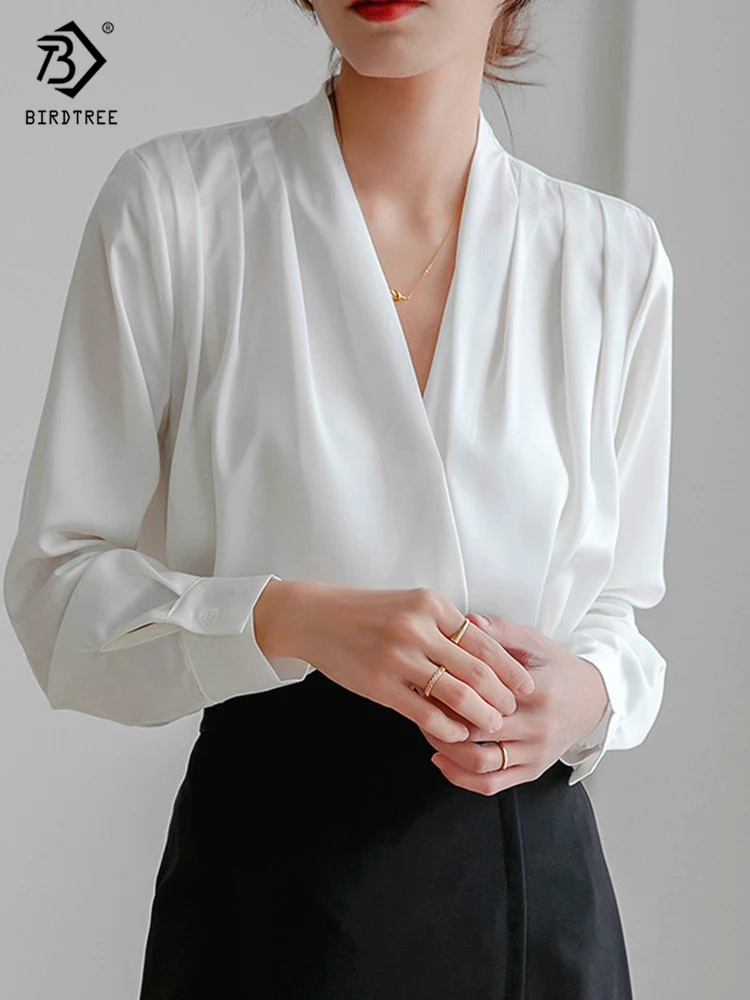 2022 Spring New Arrival Women Elegant Satin Blouse Lantern Sleeve V-Neck Office Navy Shirt Vintage Autumn Casual Tops T24401X