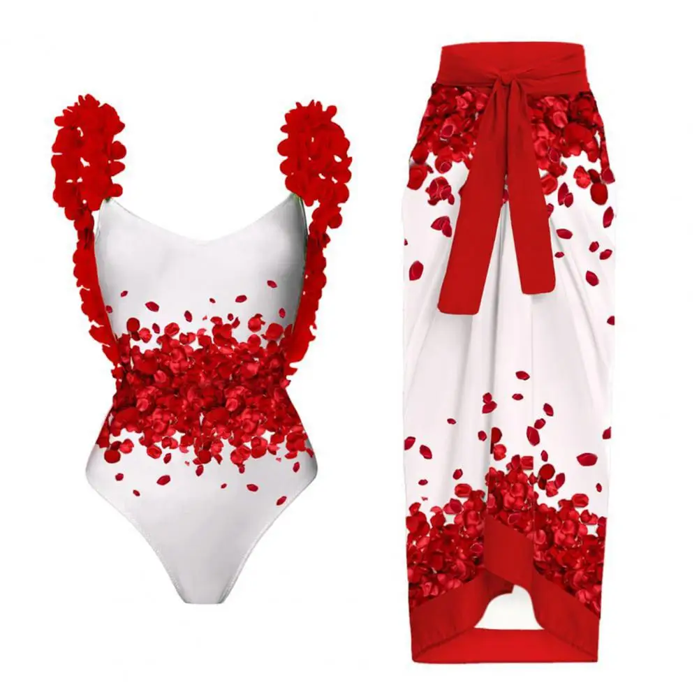 Swimsuit Cover Up Set Floral Printed Women's Bikini Set with Lace-up Cover Up Ruffle Bandage Swimwear 2pcs/set Sexy for Beach