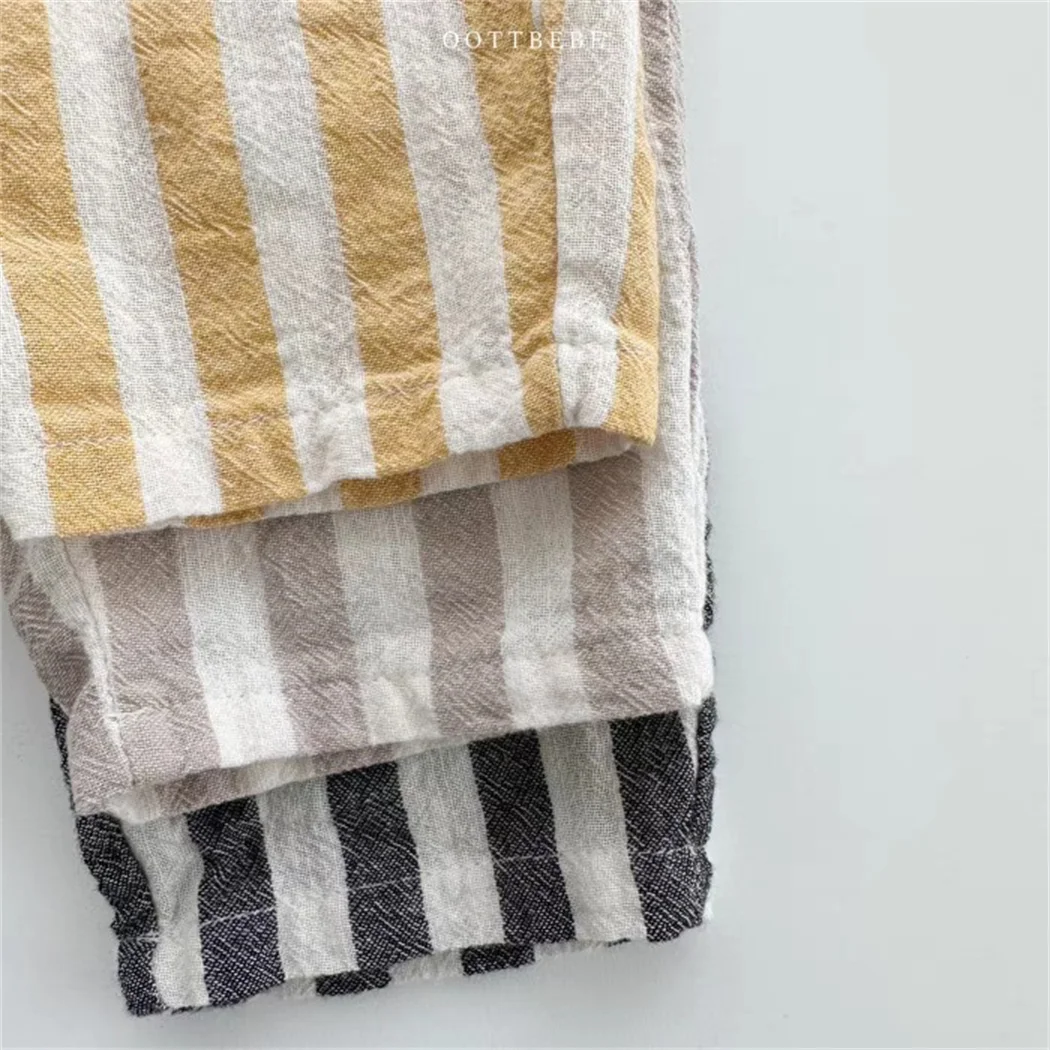 Vintage Linen Cotton Stripe Pants for Boys Casual Pocket Design Elastics Waist Pants for Toddler Girl Clothing Children Trousers 6
