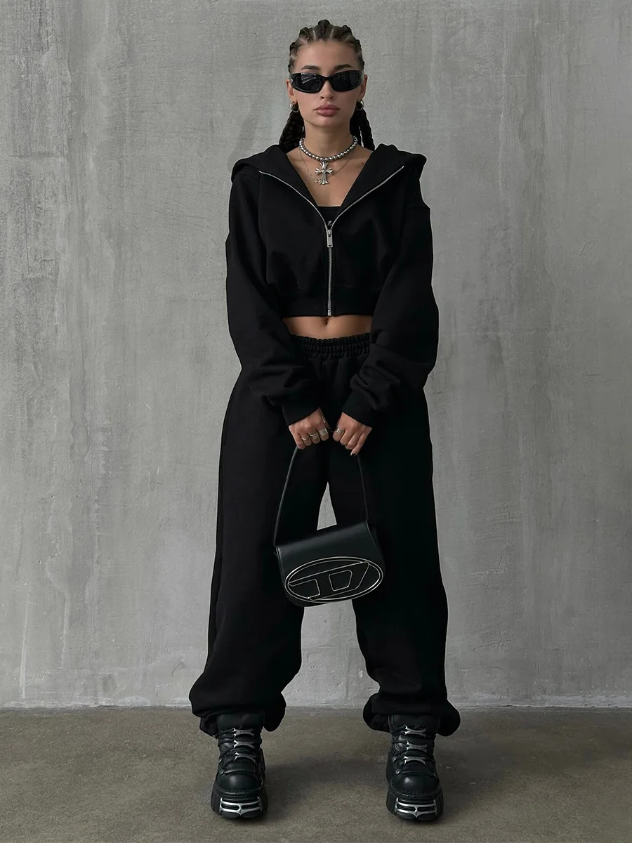 Bornladies New Women's Cropped Hoodie Sweatpants Set Loose Drawstring Waist Zipper Cardigan  Autumn Casual Trendy Hoodie  Outfit