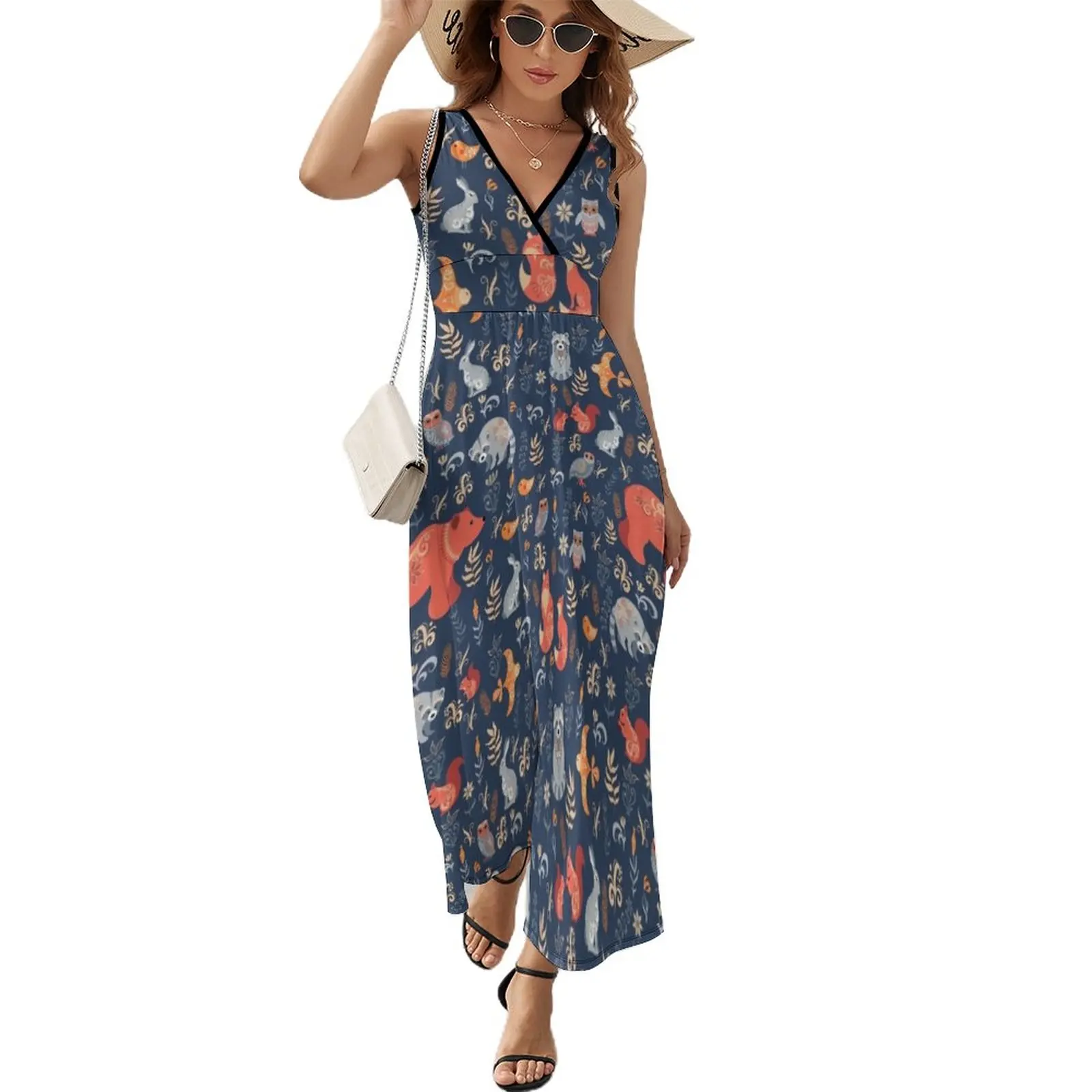 

Fairy-tale forest. Fox, bear, raccoon, owls, rabbits, flowers and herbs on a blue background. Sleeveless Dress