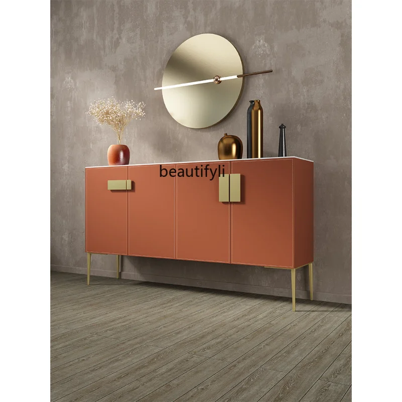

Light Luxury Retro Style Shoe Cabinet Simple Storage Cabinet Entrance Hallway Saddle Leather Stone Plate Solid Wood Sideboard