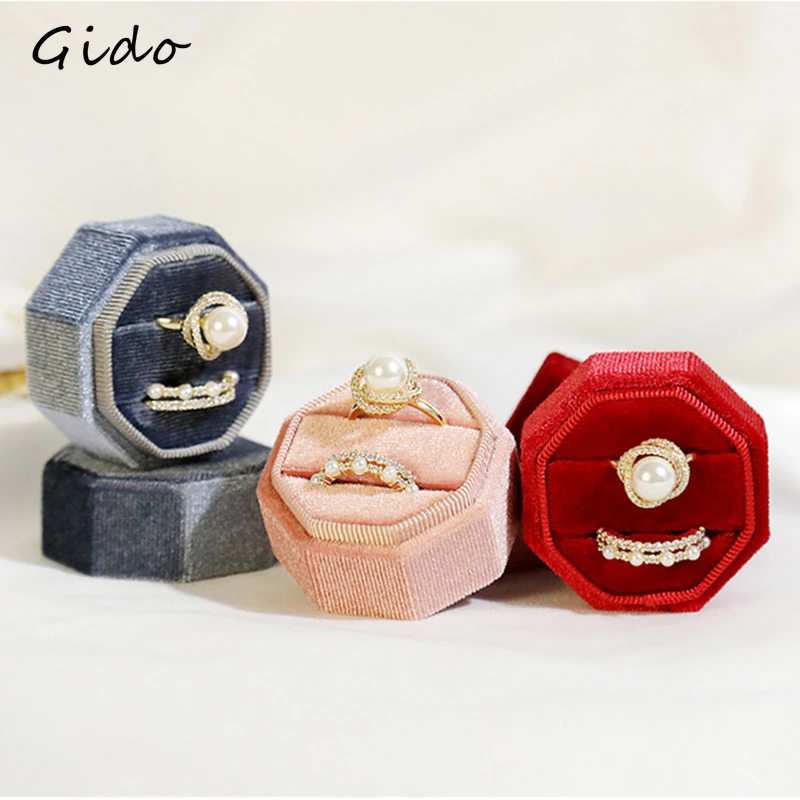Velvet Octagon Shape With Detachable Lid Durable Wedding Jewelry Box Double Ring Storage Box