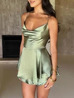 Satin Silk Women Sexy Cami Playsuits Dress Solid Cowl Neck Sleeveless Short Jumpsuits Summer Cross Tie-Up Backless Romper - Image 4