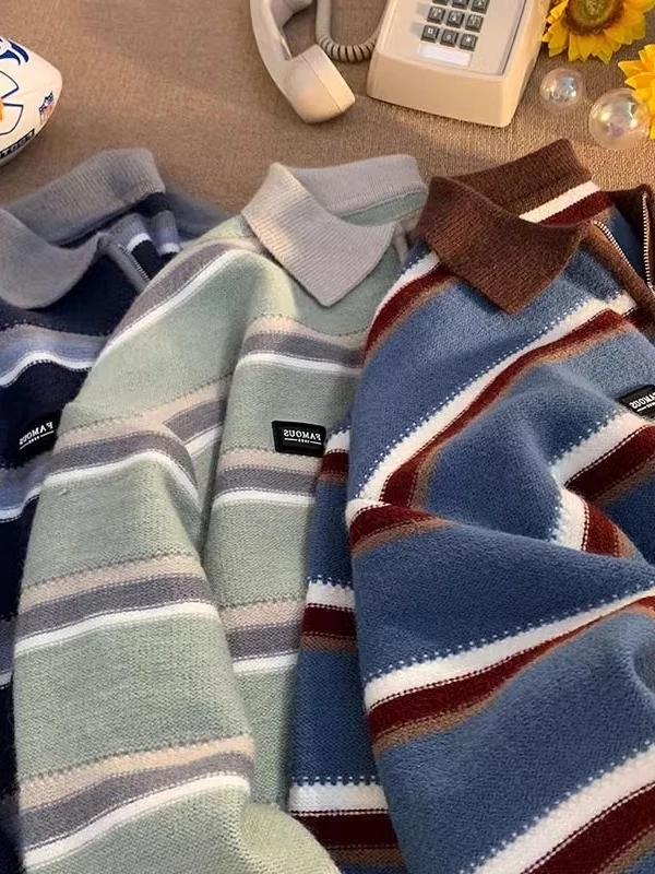 Retro Striped f Zip  Ne Sweater ex Winter Loose Lazy Sle Small ence Design Top Youth Vitali Sle Long S...