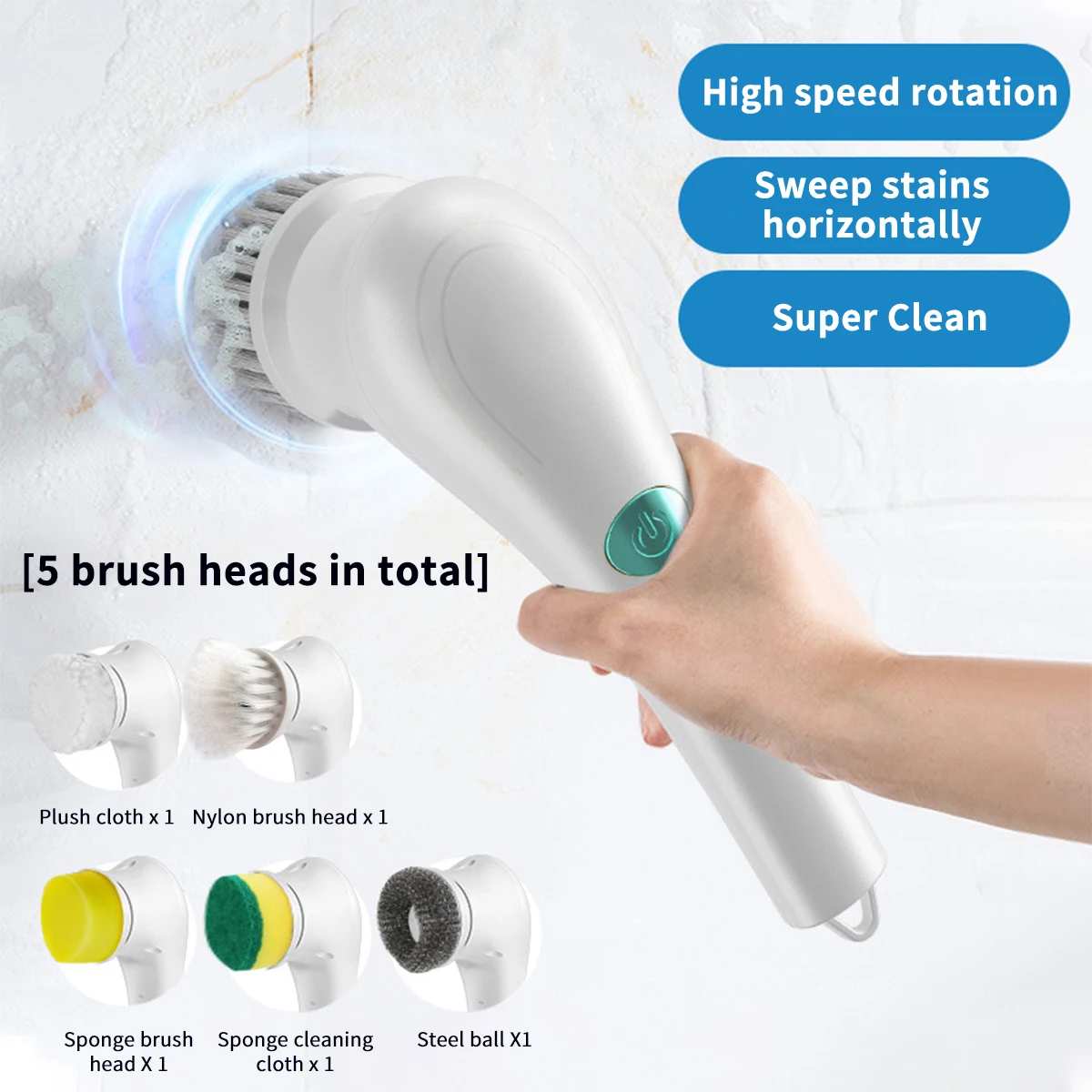 

Wireless Electric Cleaning Brush with 5 Replaceable Brush Heads Housework Kitchen Dishwashing Brush Bathtub Tile Spin Cleaning