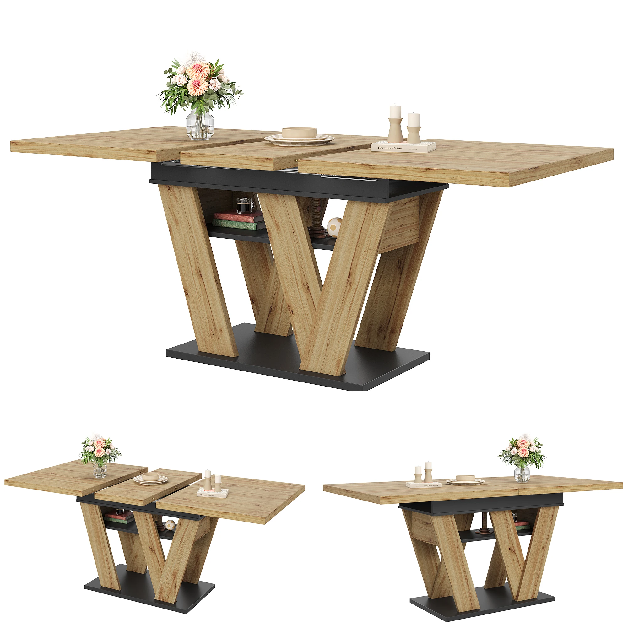 Teleskopischer Esstisch (119–158,5 x 80 cm), ausziehbarer Tisch, Küchentisch, für Küche und Wohnzimmer, holzfarbener Esstisch – Detail 13