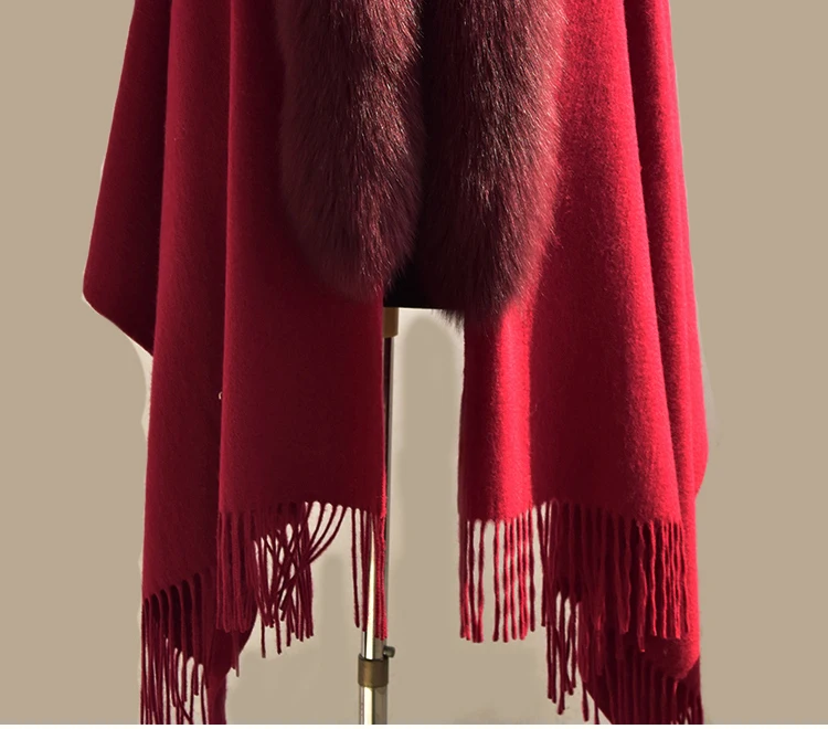 Schulterwickel aus reiner 100 % Wolle mit verlängertem echtem Fuchspelzkragen für Frauen, Hochzeit, Party, Pelzumhang, Herbst-Winter-Mode-Umhang – Detail 16