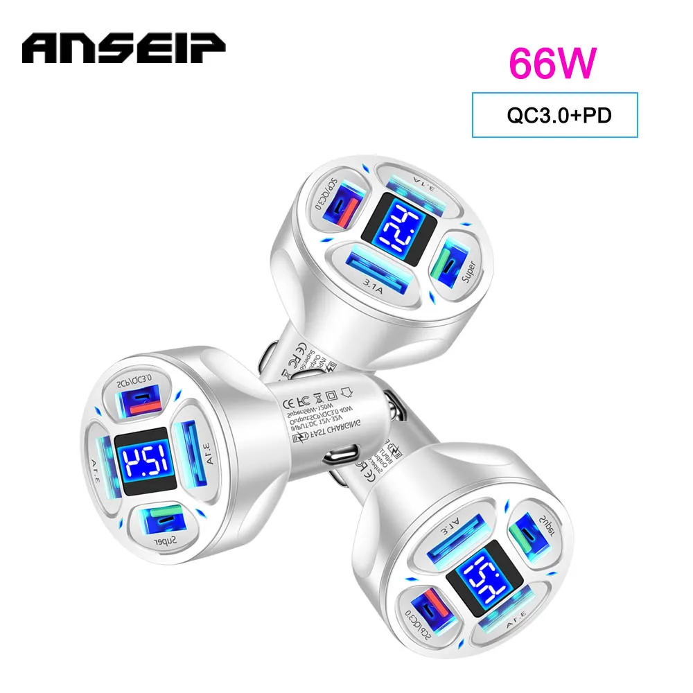 

Автомобильное зарядное устройство ANSEIP, 66 Вт, USB Type-C, PD QC3.0, 4 порта